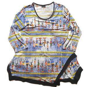 Top Caribe L Tunic Blouse Women Ruffles 3/4-Sleeve African Print Ruffle Stretch